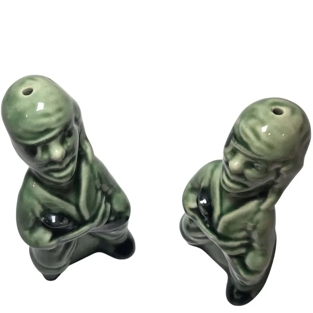 Vintage MCM Green Pirate Salt & Pepper Shakers Ceramic Figural Pair
